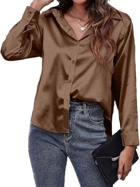 Satin Button-Up Shirt - Brown